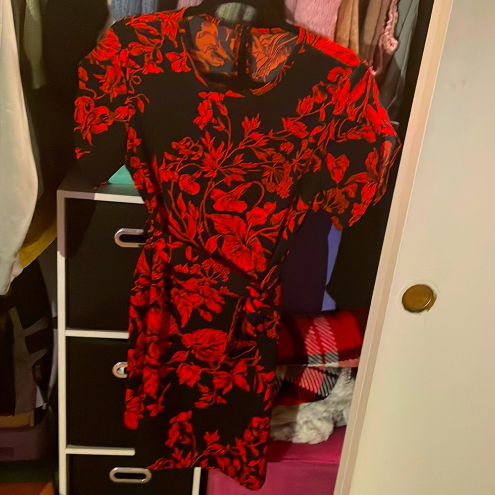Never Worn Floral Print Petal Sleeve Belted A-Line Dress